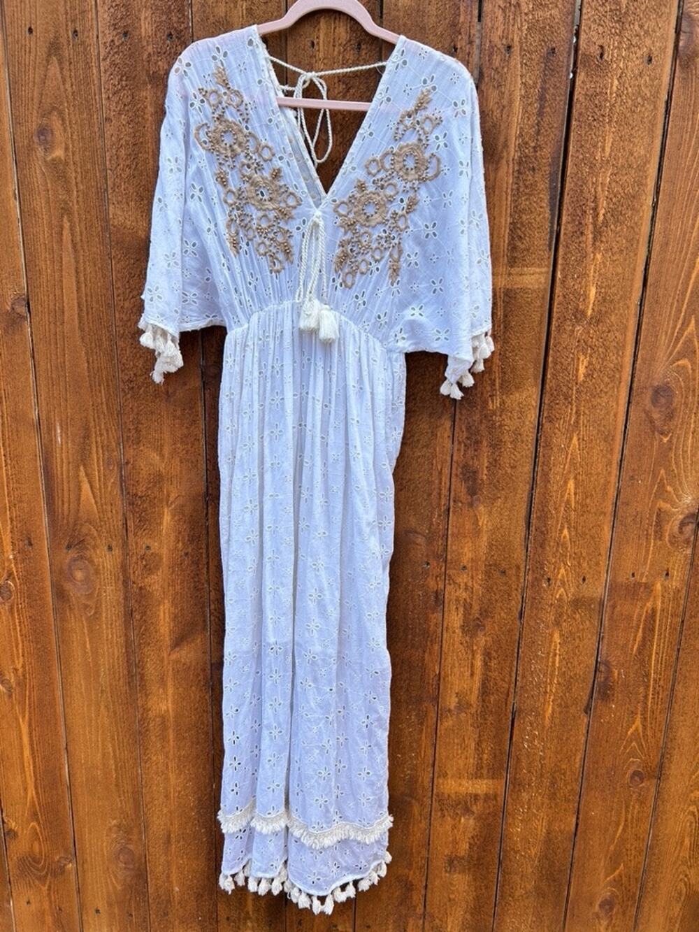 Chelsea & Violet Beaded Embroidered Cotton Cover-Up Maxi Dress Size Small Boho
